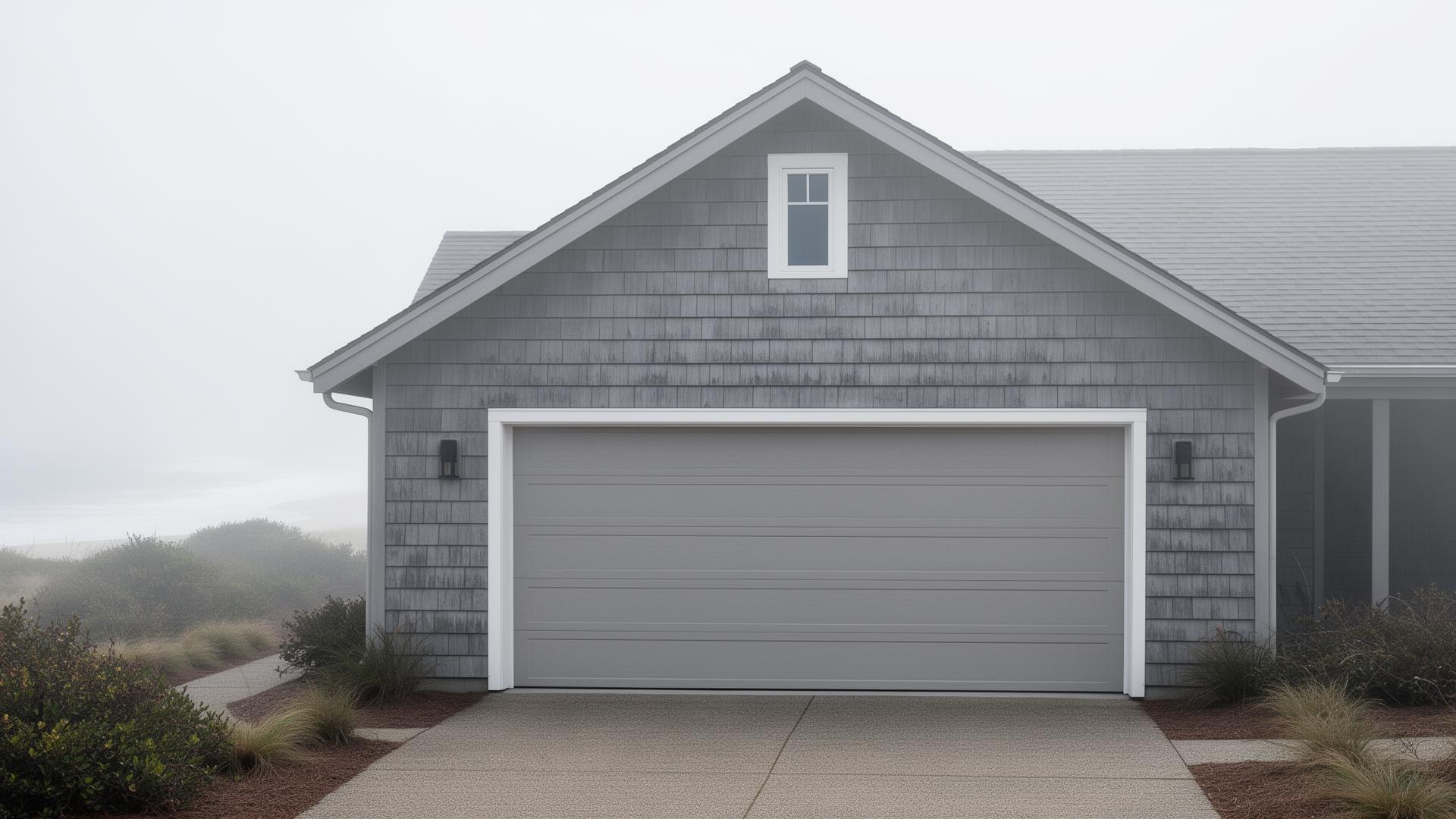 Beautiful ranch style horizontal panel garage door on coastal home in misty morning